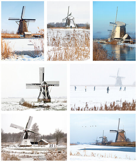 Goedkope kerstkaarten set molens - 7 enkele kaarten zonder enveloppe (set nr. 2)