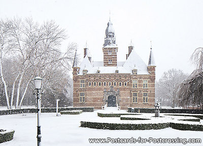ansichtkaart kasteel Wijchen in de winter, postcard castle Wijchen in winter, Postkarte Schloss Wijchen im Winter