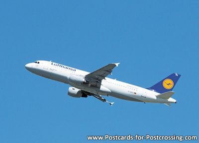 Vliegtuig ansichtkaart, airplane postcard, Flugzeug Postkarte Airbus A320-200 - Lufthansa