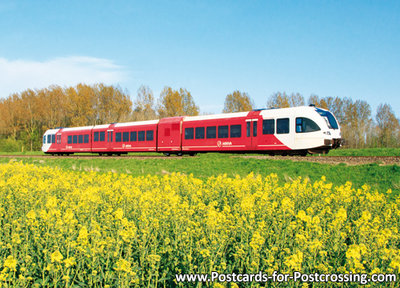 ansichtkaart trein Arriva met koolzaadveld, train postcard Arriva, Zug Postkarte  