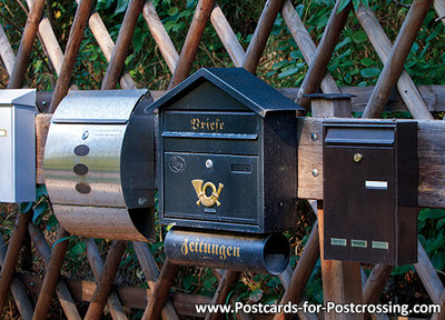 ansichtkaart brievenbussen, mailboxes postcard, Briefkästen postkarte 