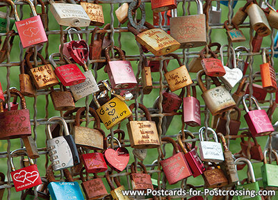 Ansichtkaart liefdesslotjes, Love lockers postcard, Postkarte Liebesschlösser