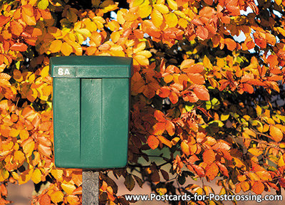 Herfstkaarten, Ansichtkaart groene brievenbus, postcard green mailbox, postkarte Grüne Briefkasten