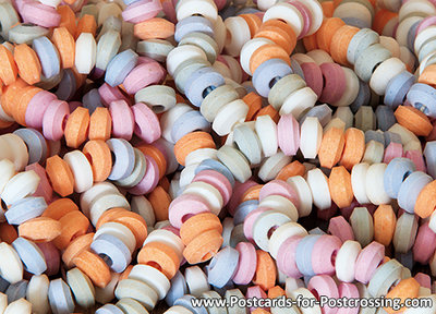 ansichtkaart snoepkettingen kaart, postcard candy chains, Postkarte Süßigkeiten Ketten