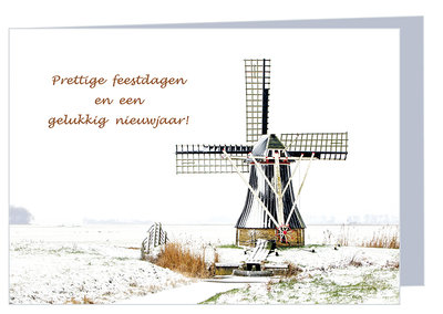 Kerstkaart molen in de sneeuw