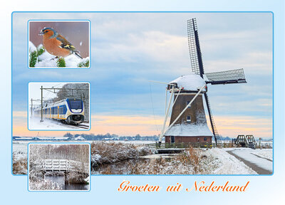 Ansichtkaart groeten uit Nederland - molen, vink, trein bruggetje